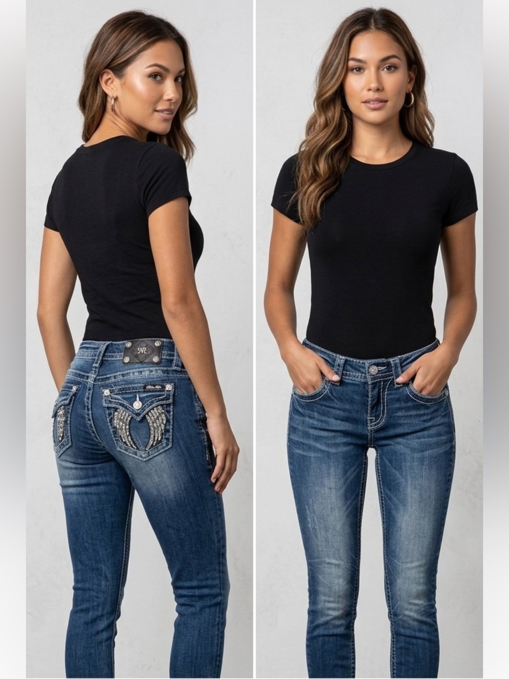 Miss Me Embellished Angel Wing Pocket Mid Rise Jeans • Size 25